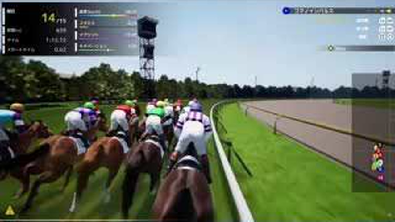 Full Strideの福島で追込馬が最終コーナーの内側を走るゲーム画面