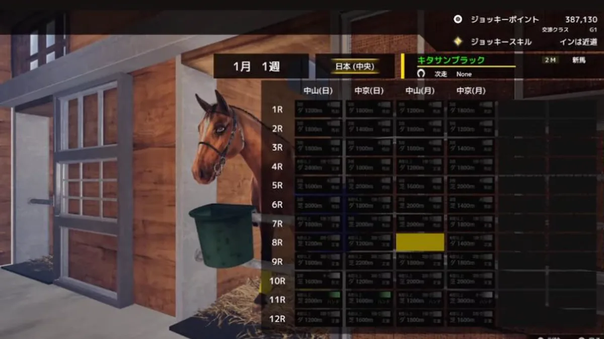 キタサンブラックの皐月賞実戦画面|「インは近道」装備と中山芝2000m HUDのゲーム画面