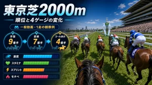 東京芝2000mの単一実戦で、順位表示が9番手、7番手、4番手へ変化し、4ゲージが推移したことを示す図解