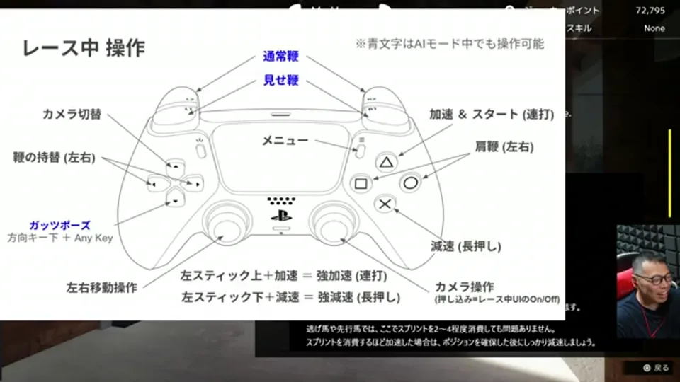 Full Strideのレース中操作を示すゲーム内操作説明