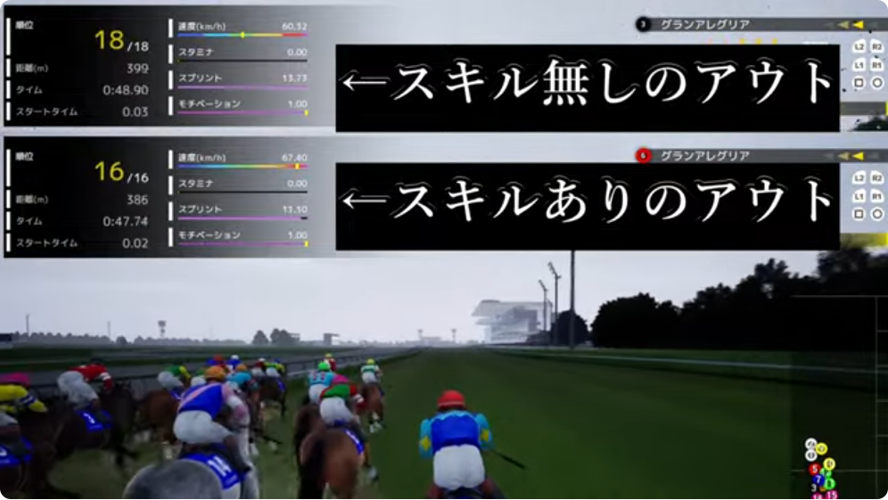 アウトコース比較。スキルなしは残り399m、ありは386m
